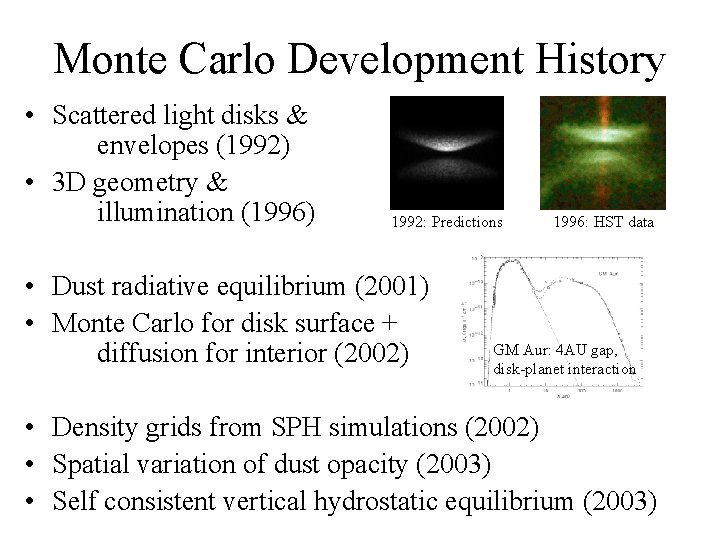 Monte Carlo Development History • Scattered light disks & envelopes (1992) • 3 D