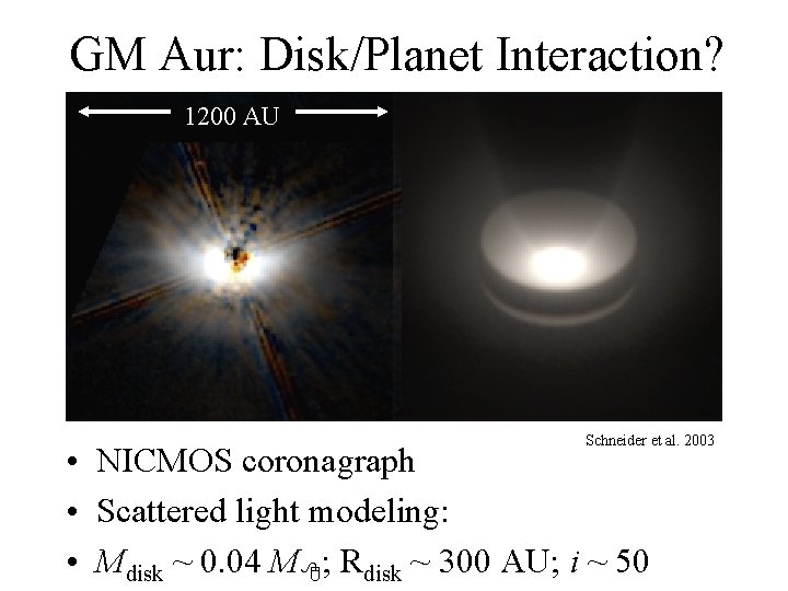 GM Aur: Disk/Planet Interaction? 1200 AU Schneider et al. 2003 • NICMOS coronagraph •