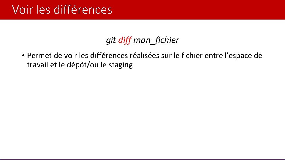 Voir les différences git diff mon_fichier • Permet de voir les différences réalisées sur