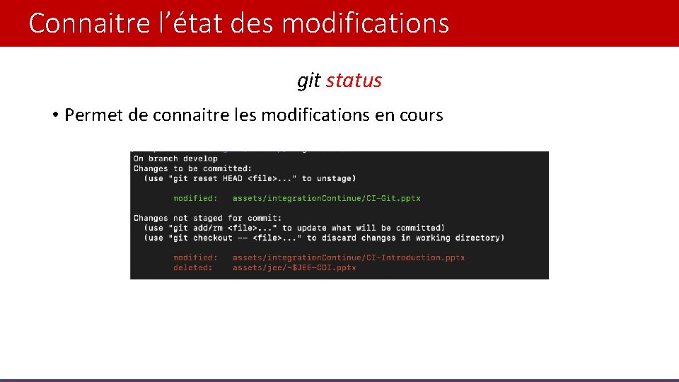 Connaitre l’état des modifications git status • Permet de connaitre les modifications en cours