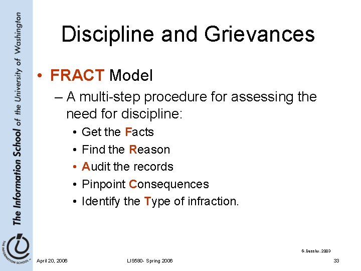 Discipline and Grievances • FRACT Model – A multi-step procedure for assessing the need