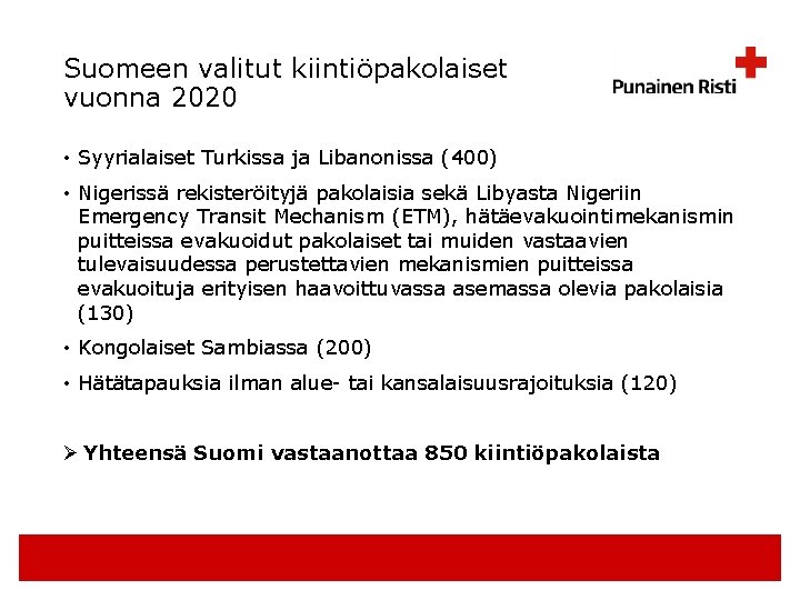 Suomeen valitut kiintiöpakolaiset vuonna 2020 • Syyrialaiset Turkissa ja Libanonissa (400) • Nigerissä rekisteröityjä