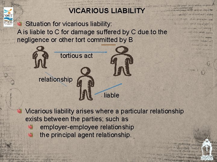 VICARIOUS LIABILITY Situation for vicarious liability: A is liable to C for damage suffered