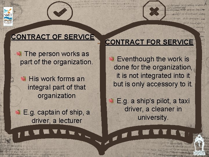 CONTRACT OF SERVICE The person works as part of the organization. His work forms