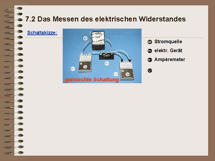 7. 2 Das Messen des elektrischen Widerstandes Schaltskizze: Stromquelle elektr. Gerät gemischte Schaltung Ampèremeter