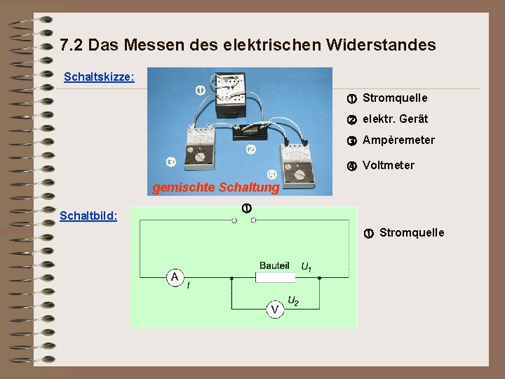 7. 2 Das Messen des elektrischen Widerstandes Schaltskizze: Stromquelle elektr. Gerät gemischte Schaltung Schaltbild: