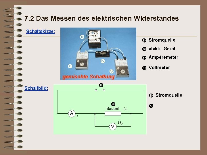 7. 2 Das Messen des elektrischen Widerstandes Schaltskizze: Stromquelle elektr. Gerät Ampèremeter gemischte Schaltung