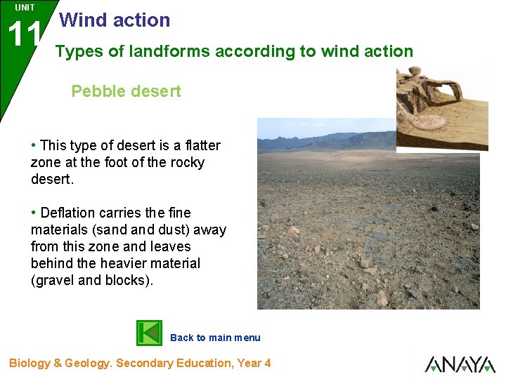 UNIT 11 Wind action Types of landforms according to wind action Pebble desert •