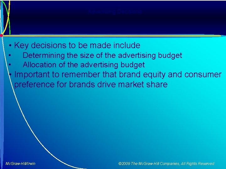 Advertising Decisions • Key decisions to be made include • • Determining the size