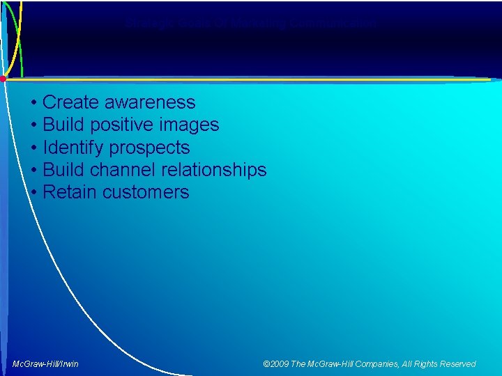 Strategic Goals Of Marketing Communication • • • Create awareness Build positive images Identify