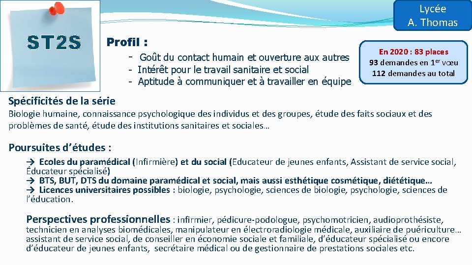 ST 2 S Lycée A. Thomas Profil : - Goût du contact humain et