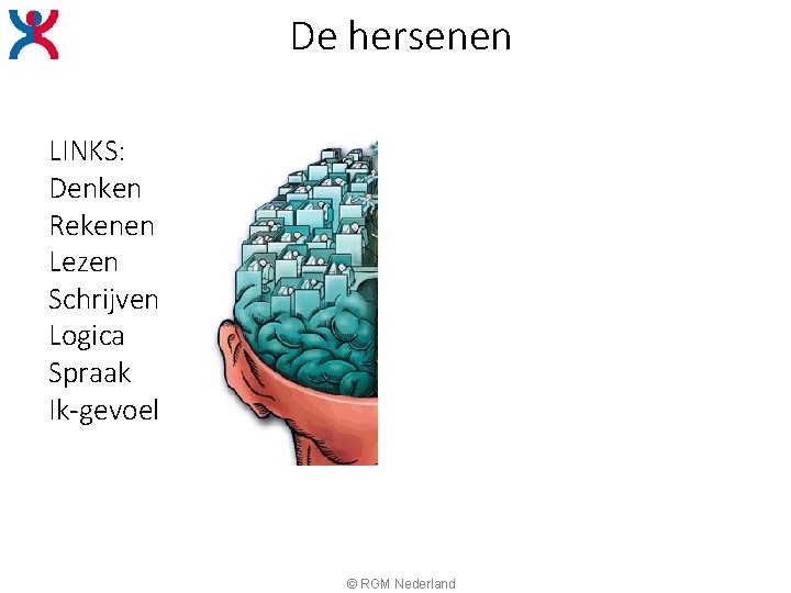 De hersenen RECHTS: Fantasie Creativiteit Emotie Kleurgevoel Melodie Ritme Dag-dromen Wij-gevoel LINKS: Denken Rekenen De hersenen RECHTS: Fantasie Creativiteit Emotie Kleurgevoel Melodie Ritme Dag-dromen Wij-gevoel LINKS: Denken Rekenen