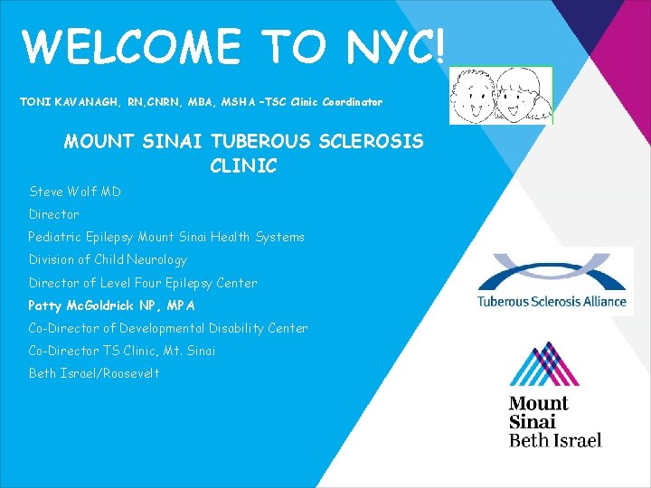WELCOME TO NYC! TONI KAVANAGH, RN, CNRN, MBA, MSHA –TSC Clinic Coordinator MOUNT SINAI