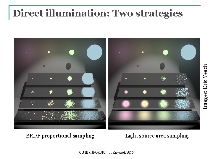 Images: Eric Veach Direct illumination: Two strategies BRDF proportional sampling Light source area sampling Images: Eric Veach Direct illumination: Two strategies BRDF proportional sampling Light source area sampling