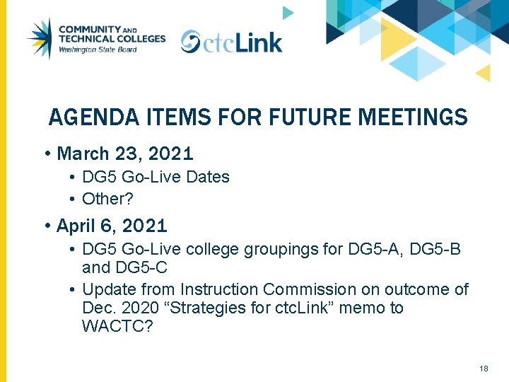 AGENDA ITEMS FOR FUTURE MEETINGS • March 23, 2021 • DG 5 Go-Live Dates