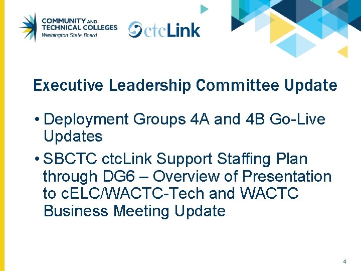 Executive Leadership Committee Update • Deployment Groups 4 A and 4 B Go-Live Updates