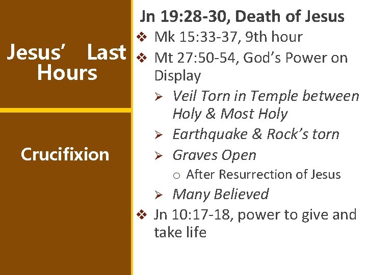 Jn 19: 28 -30, Death of Jesus’ Last Hours Crucifixion v Mk 15: 33