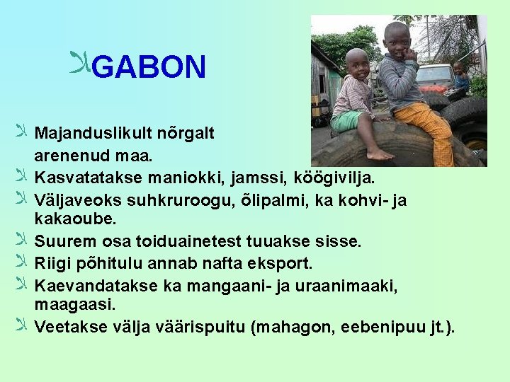  ﻼ GABON ﻼ Majanduslikult nõrgalt ﻼ ﻼ ﻼ arenenud maa. Kasvatatakse maniokki, jamssi,