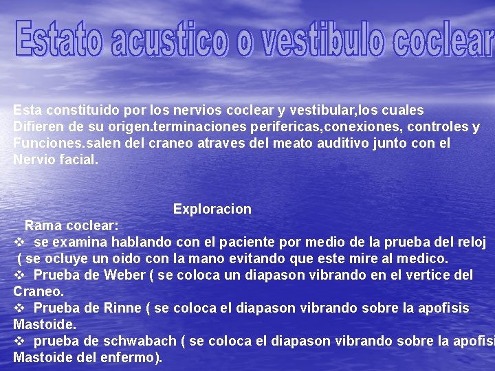 Esta constituido por los nervios coclear y vestibular, los cuales Difieren de su origen.