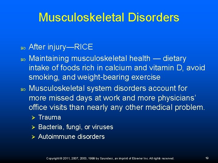 Musculoskeletal Disorders After injury—RICE Maintaining musculoskeletal health — dietary intake of foods rich in