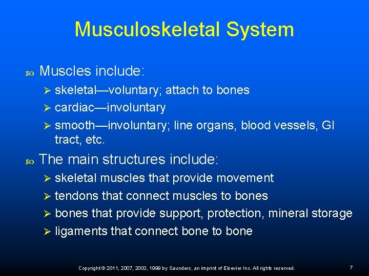 Musculoskeletal System Muscles include: skeletal—voluntary; attach to bones Ø cardiac—involuntary Ø smooth—involuntary; line organs,