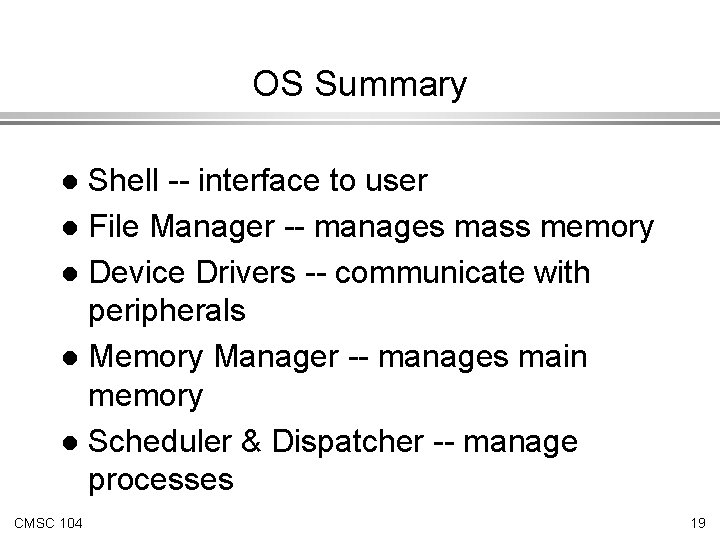 OS Summary Shell -- interface to user l File Manager -- manages mass memory