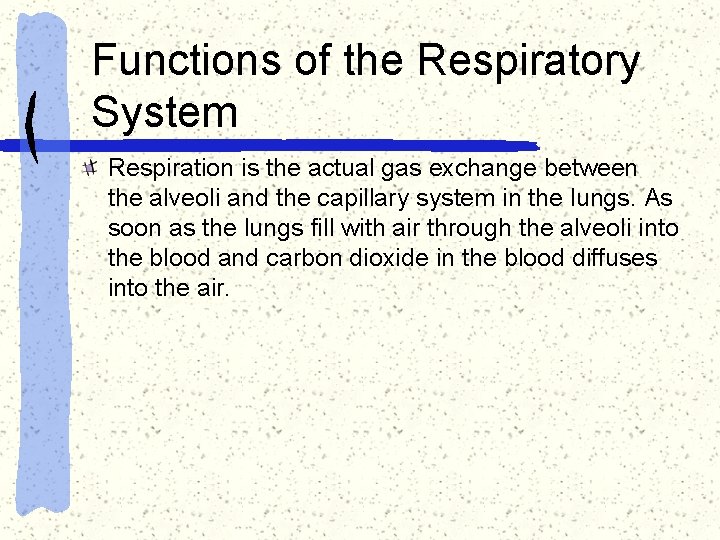 Functions of the Respiratory System Respiration is the actual gas exchange between the alveoli