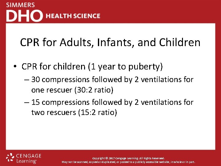 CPR for Adults, Infants, and Children • CPR for children (1 year to puberty)