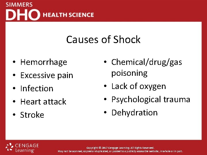 Causes of Shock • • • Hemorrhage Excessive pain Infection Heart attack Stroke •