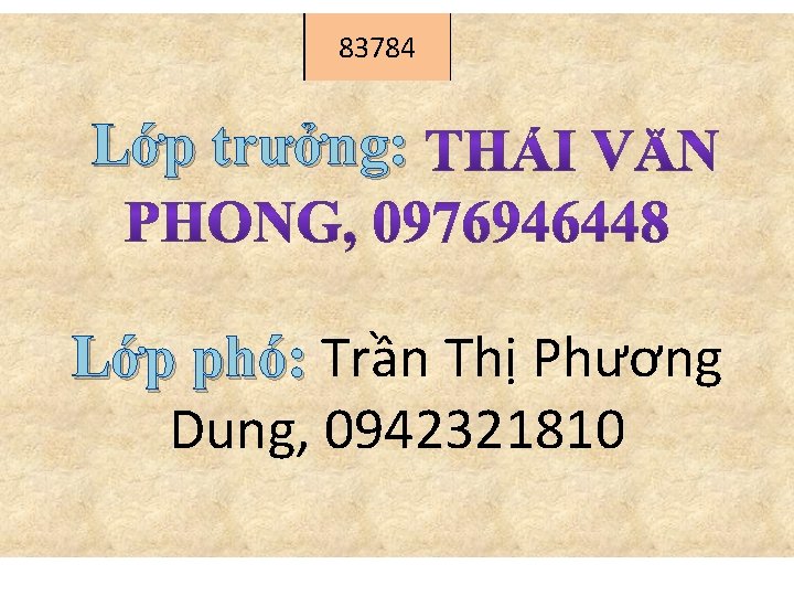 83784 Lớp trưởng: Lớp phó: Trần Thị Phương Dung, 0942321810 