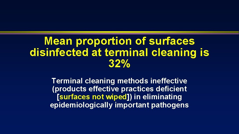 Mean proportion of surfaces disinfected at terminal cleaning is 32% Terminal cleaning methods ineffective