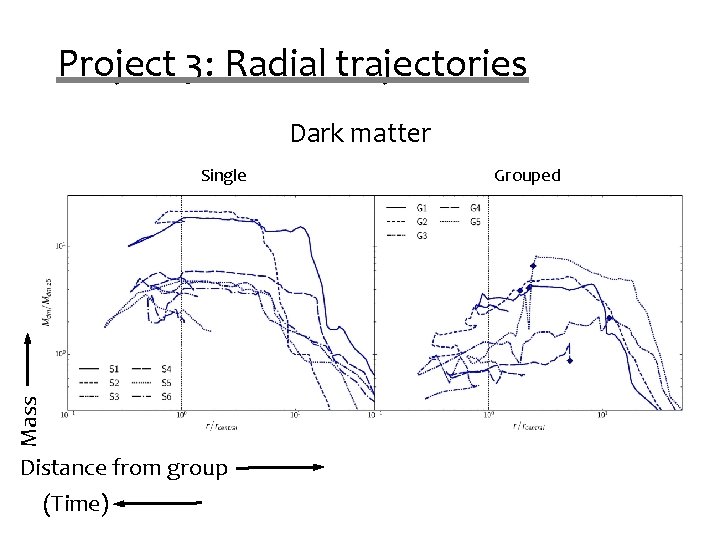 Project 3: Radial trajectories Dark matter Mass Single Distance from group (Time) Grouped Project 3: Radial trajectories Dark matter Mass Single Distance from group (Time) Grouped