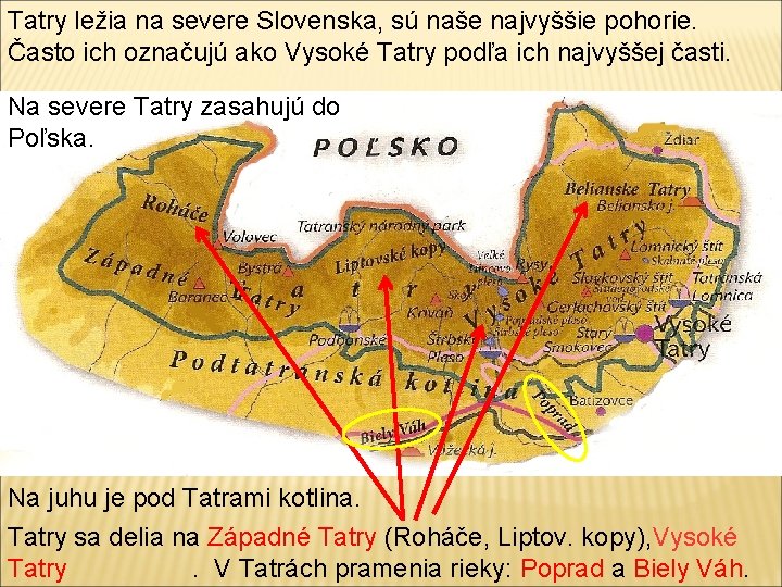 Tatry ležia na severe Slovenska, sú naše najvyššie pohorie. Často ich označujú ako Vysoké