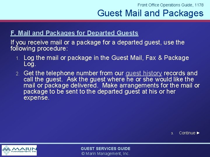 Front Office Operations Guide, 1178 Guest Mail and Packages F. Mail and Packages for