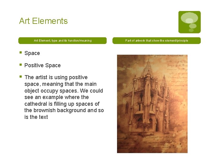 Art Elements Art Element, type and its function/meaning § Space § Positive Space §