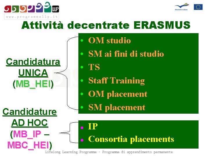 Attività decentrate ERASMUS Candidatura UNICA (MB_HEI) Candidature AD HOC (MB_IP – MBC_HEI) • •