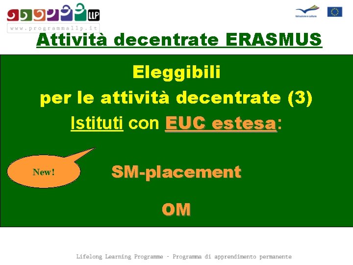 Attività decentrate ERASMUS Eleggibili per le attività decentrate (3) Istituti con EUC estesa: estesa