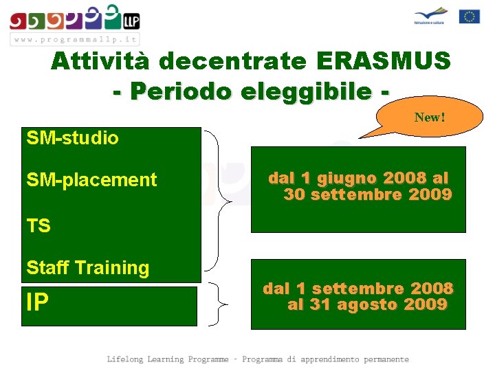 Attività decentrate ERASMUS - Periodo eleggibile New! SM-studio SM-placement dal 1 giugno 2008 al