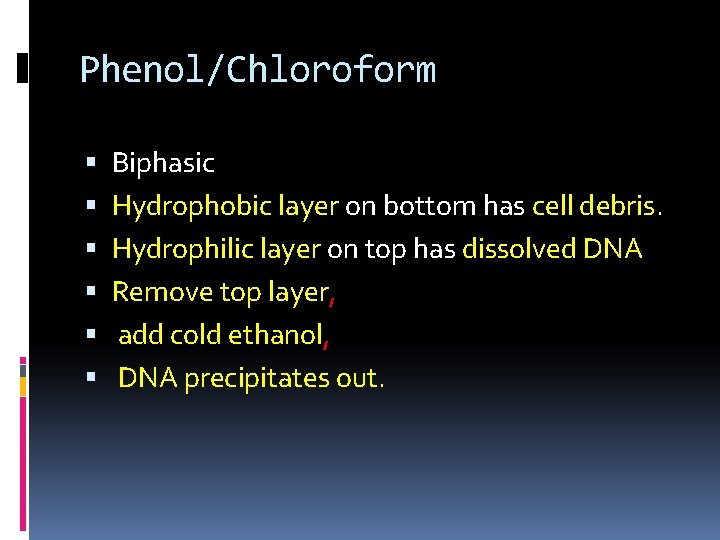 Phenol/Chloroform Biphasic Hydrophobic layer on bottom has cell debris. Hydrophilic layer on top has