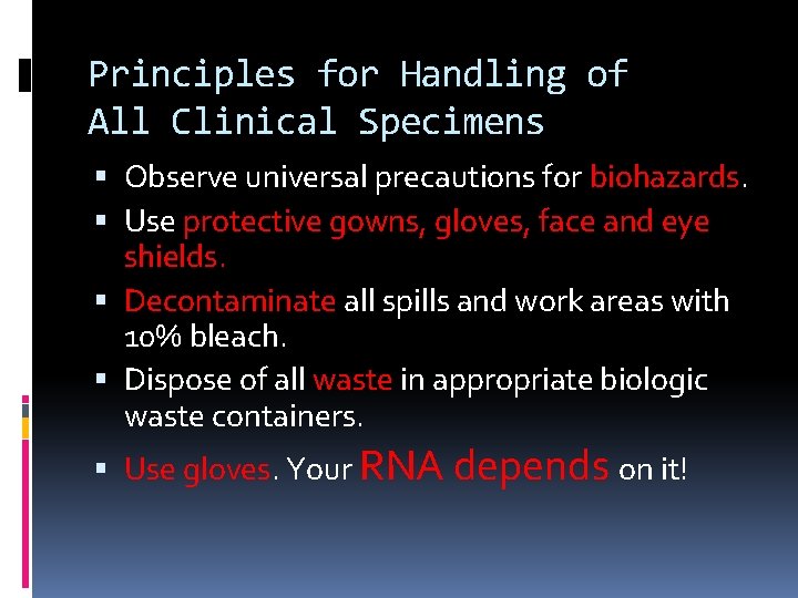 Principles for Handling of All Clinical Specimens Observe universal precautions for biohazards. Use protective