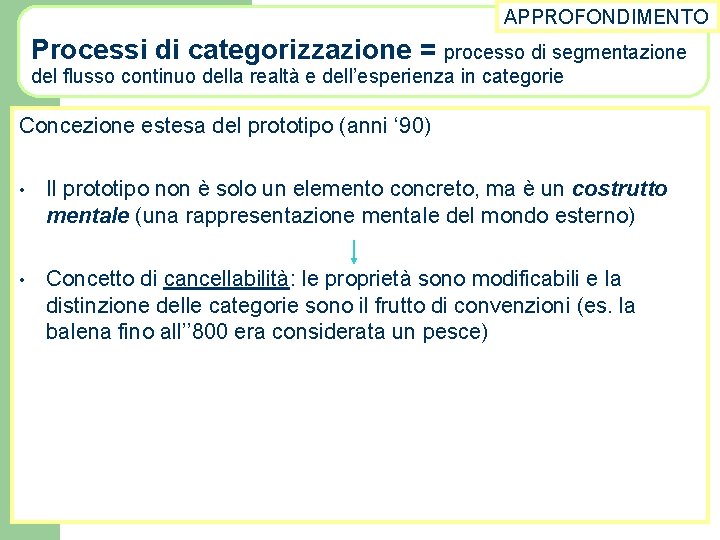 APPROFONDIMENTO Processi di categorizzazione = processo di segmentazione del flusso continuo della realtà e