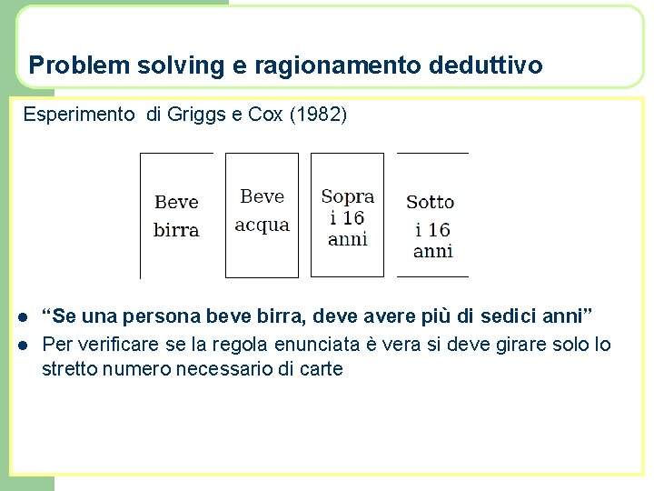 Problem solving e ragionamento deduttivo Esperimento di Griggs e Cox (1982) l l “Se