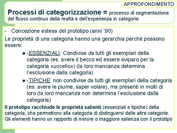 APPROFONDIMENTO Processi di categorizzazione = processo di segmentazione del flusso continuo della realtà e