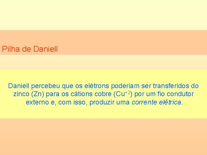 Pilha de Daniell percebeu que os elétrons poderiam ser transferidos do zinco (Zn) para