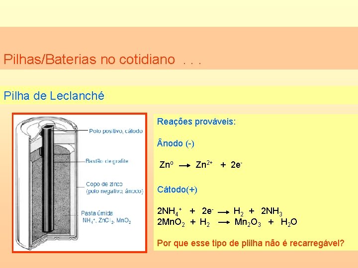 Pilhas/Baterias no cotidiano. . . Pilha de Leclanché Reações prováveis: nodo (-) Zno Zn