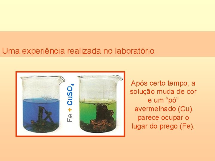 Uma experiência realizada no laboratório Após certo tempo, a solução muda de cor e