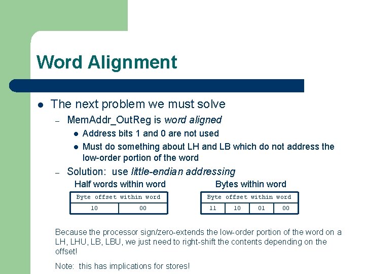 Word Alignment l The next problem we must solve – Mem. Addr_Out. Reg is