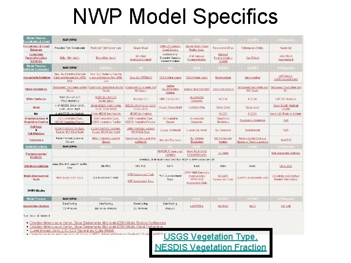 NWP Model Specifics USGS Vegetation Type, NESDIS Vegetation Fraction 