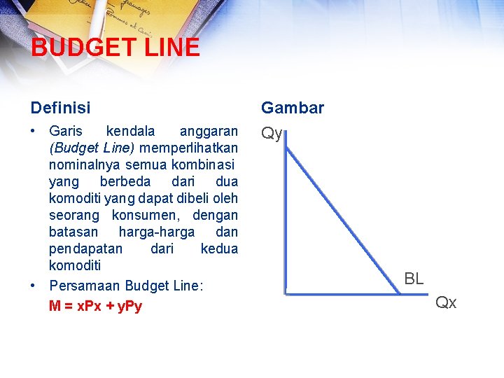 BUDGET LINE Definisi Gambar • Garis kendala anggaran (Budget Line) memperlihatkan nominalnya semua kombinasi