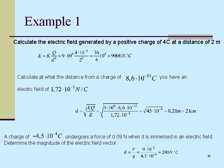 Example 1 Calculate the electric field generated by a positive charge of 4 C